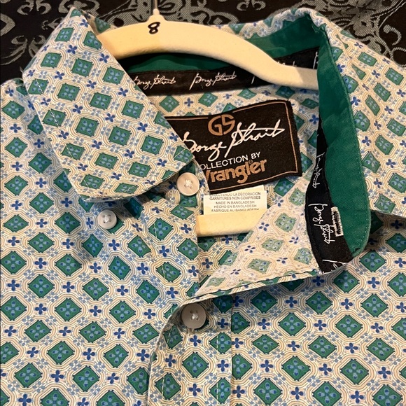George Strait Wrangler Stylish Geometric Pattern Shirt - Green and White - Picture 6 of 9